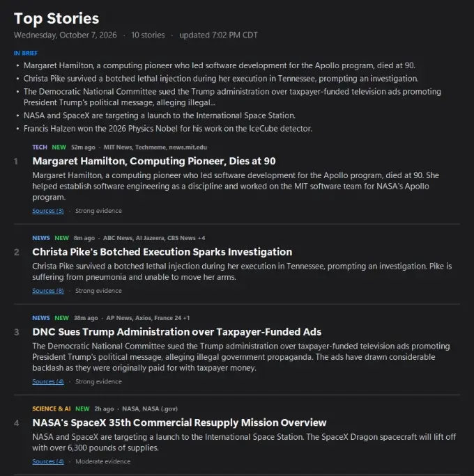 Agent Reach Daily on Windows 11 showing the Top Stories for October 7, 2026: an In brief list, then numbered stories, each with its category, outlets, summary, sources and evidence strength.